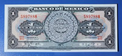 港、澳、台、中外钞、流水签、机签、箱包单、靓号专场第62期 - 墨西哥 1970年 1比索 纸钞 豹子号 S897888 UNC一张～如图