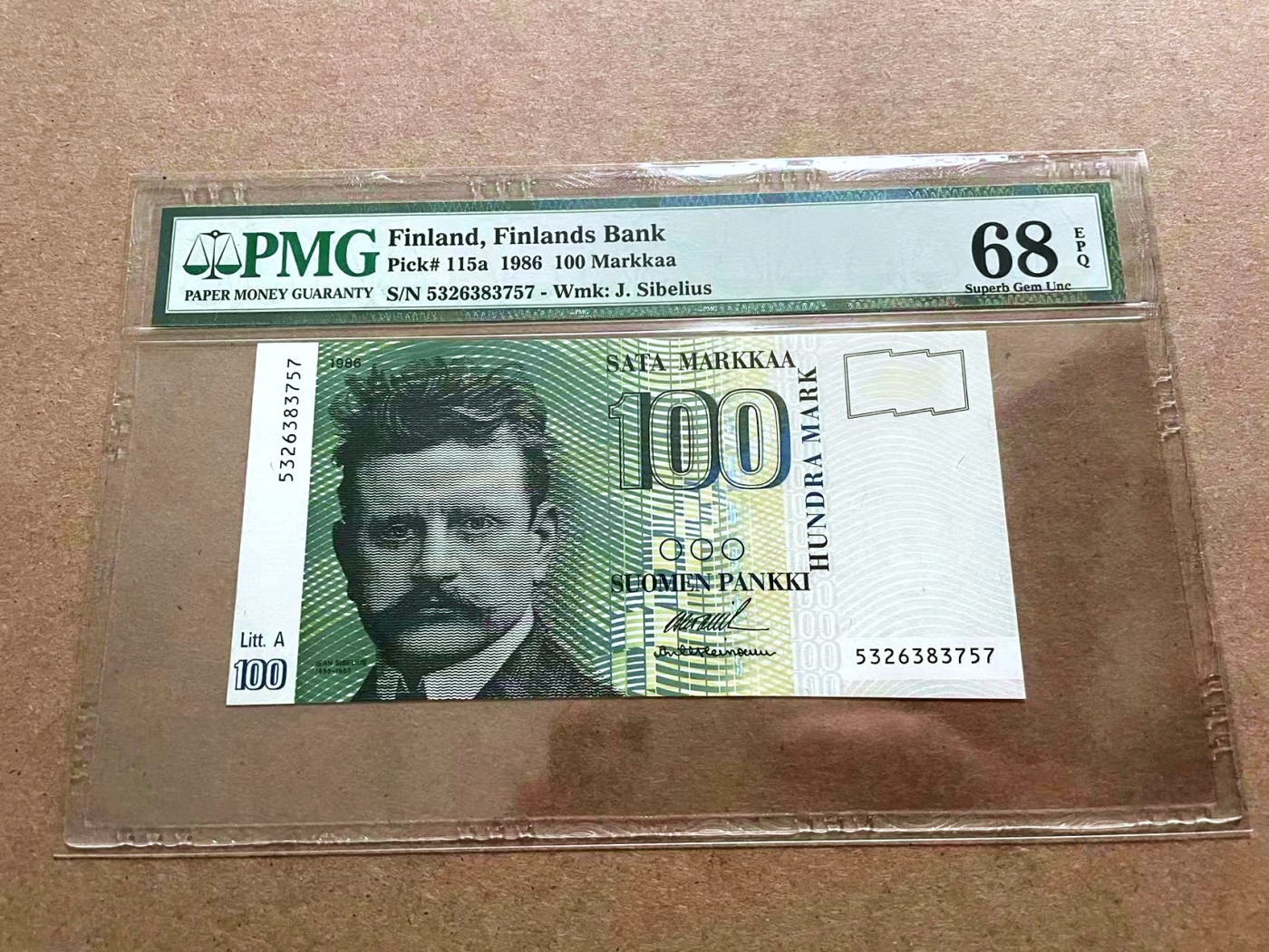 【Blue Auction】✨世界纸币精拍第421期【精】 【a版】芬兰 1986年100马克 PMG68EPQ 高分 