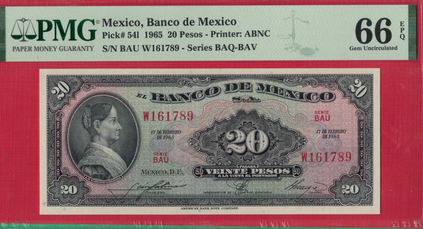 墨西哥1965年20比索 BAU序列 P-541 无4 尾顺子 美洲纸币 实物图 UNC
