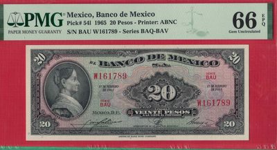 墨西哥1965年20比索 BAU序列 P-541 无4 尾顺子 美洲纸币 实物图 UNC - 墨西哥1965年20比索 BAU序列 P-541 无4 尾顺子 美洲纸币 实物图 UNC