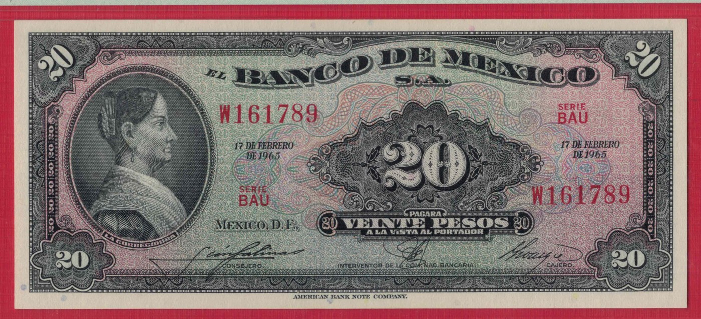墨西哥1965年20比索 BAU序列 P-541 无4 尾顺子 美洲纸币 实物图 UNC