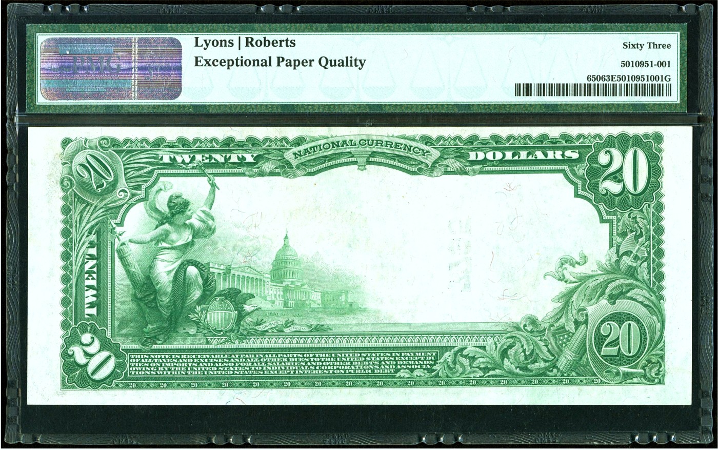 【Blue Auction】✨世界纸币精拍第421期【精】  【无47】美国 1902年20美金 PMG63EPQ 全新原票 老壳子 正面人物为前财政部长休-麦卡洛克 背面美国财政部和国会大厦 半裸的女神 雄鹰 雕刻精美 大票幅 升值品种 