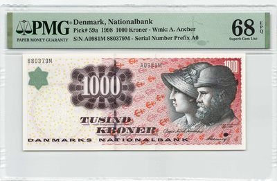 小福收藏拍卖第149期 评级币精选场 本期有丹麦A0冠画家夫妇冠军分 俄罗斯1919年5000卢布 柬埔寨500瑞尔耕牛 越南53年5000盾 提香 拉斐尔 中国2元车工 朝鲜纪念钞 法国 泰国 黎巴嫩 突尼斯 约旦等多国精美高分珍稀老钞精品纸币 - 丹麦 1998年 1000克朗 无全息a首版 A0首冠 画家安娜夫妇 PMG68  冠军分！！！