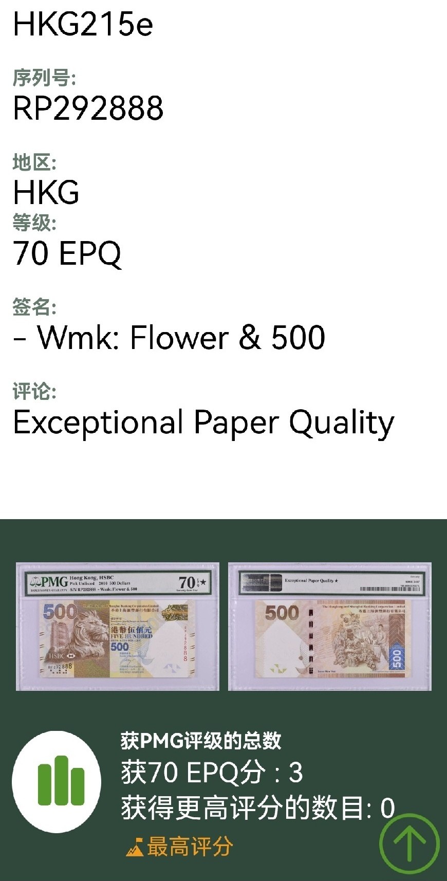 汇丰银行伍佰圆PMG  70EPQ★，888豹子号，朦胧号。