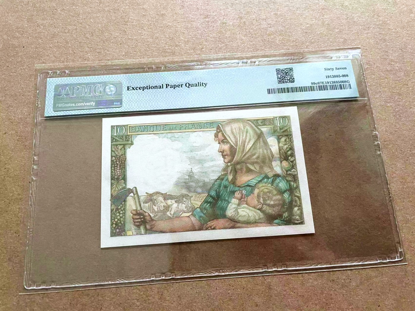 【Blue Auction】✨世界纸币精拍第421期【精】 【倒置号】法国 1944年10法郎 PMG67EPQ 