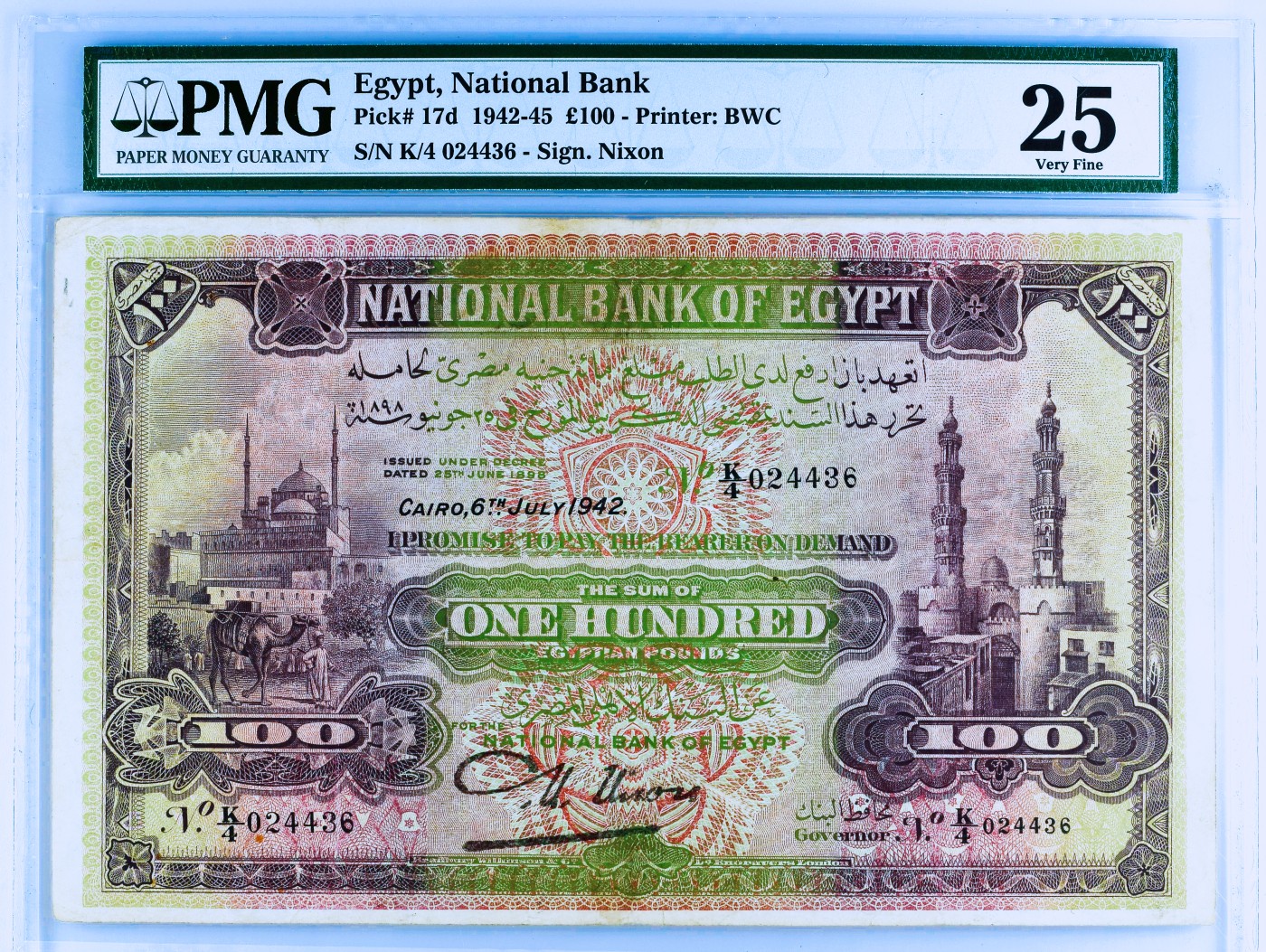 【Blue Auction】✨世界纸币精拍第421期【精】  【无背标无涂鸦少见】埃及 1942-45年100镑 最高值 超大票幅 BWC出品 雕刻精美 多色套印 纸币正面为民众手牵骆驼经过开罗著名的穆罕默德·阿里清真寺 右侧为宣礼塔 背面系埃及阿斯旺菲莱神庙及尼罗河上埃及特色三角船 意境十足 该品种实钞没有全新存世 该品相已经很难得 值得收藏 