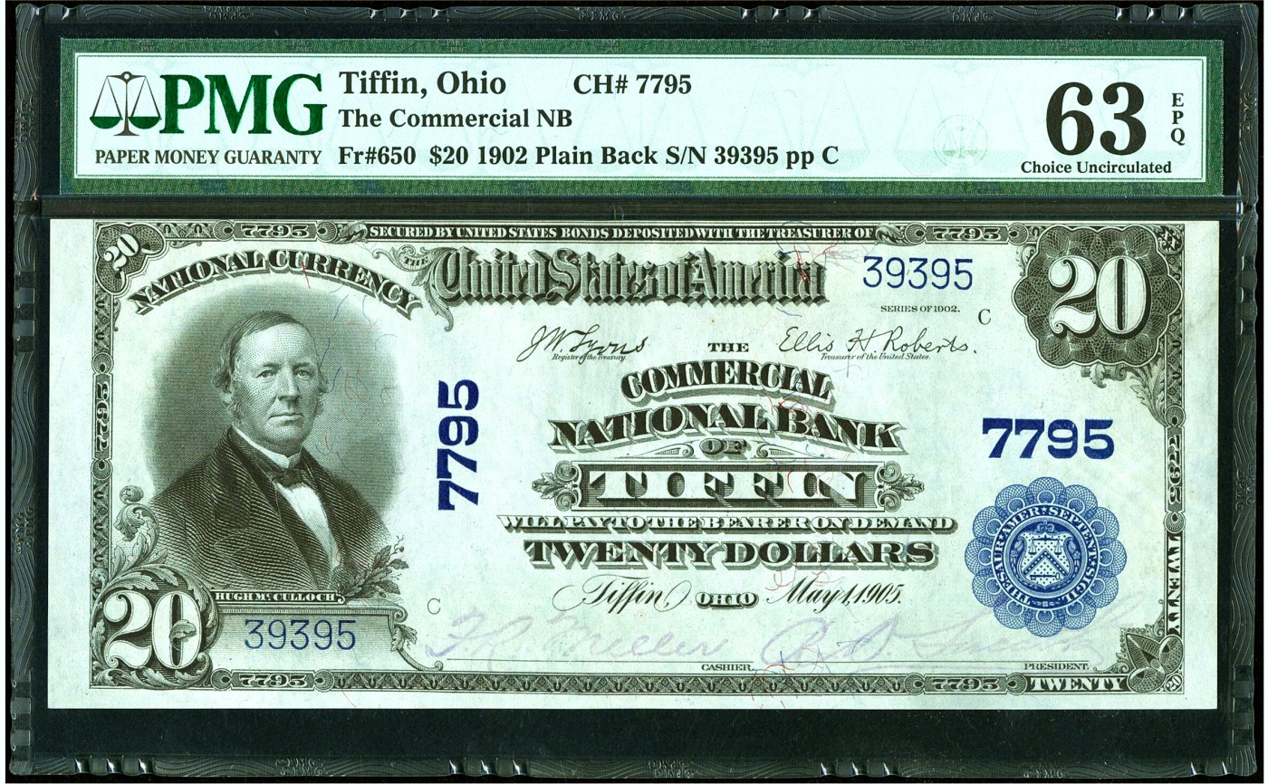 【Blue Auction】✨世界纸币精拍第421期【精】  【无47】美国 1902年20美金 PMG63EPQ 全新原票 老壳子 正面人物为前财政部长休-麦卡洛克 背面美国财政部和国会大厦 半裸的女神 雄鹰 雕刻精美 大票幅 升值品种 