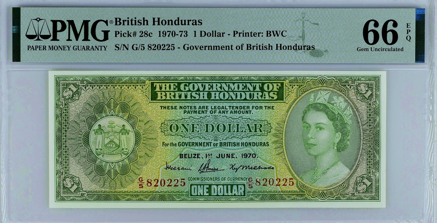 【Blue Auction】✨世界纸币精拍第421期【精】 【无47】英属洪都拉斯 1970年1元 BWC出品 大冠女王 PMG66EPQ 