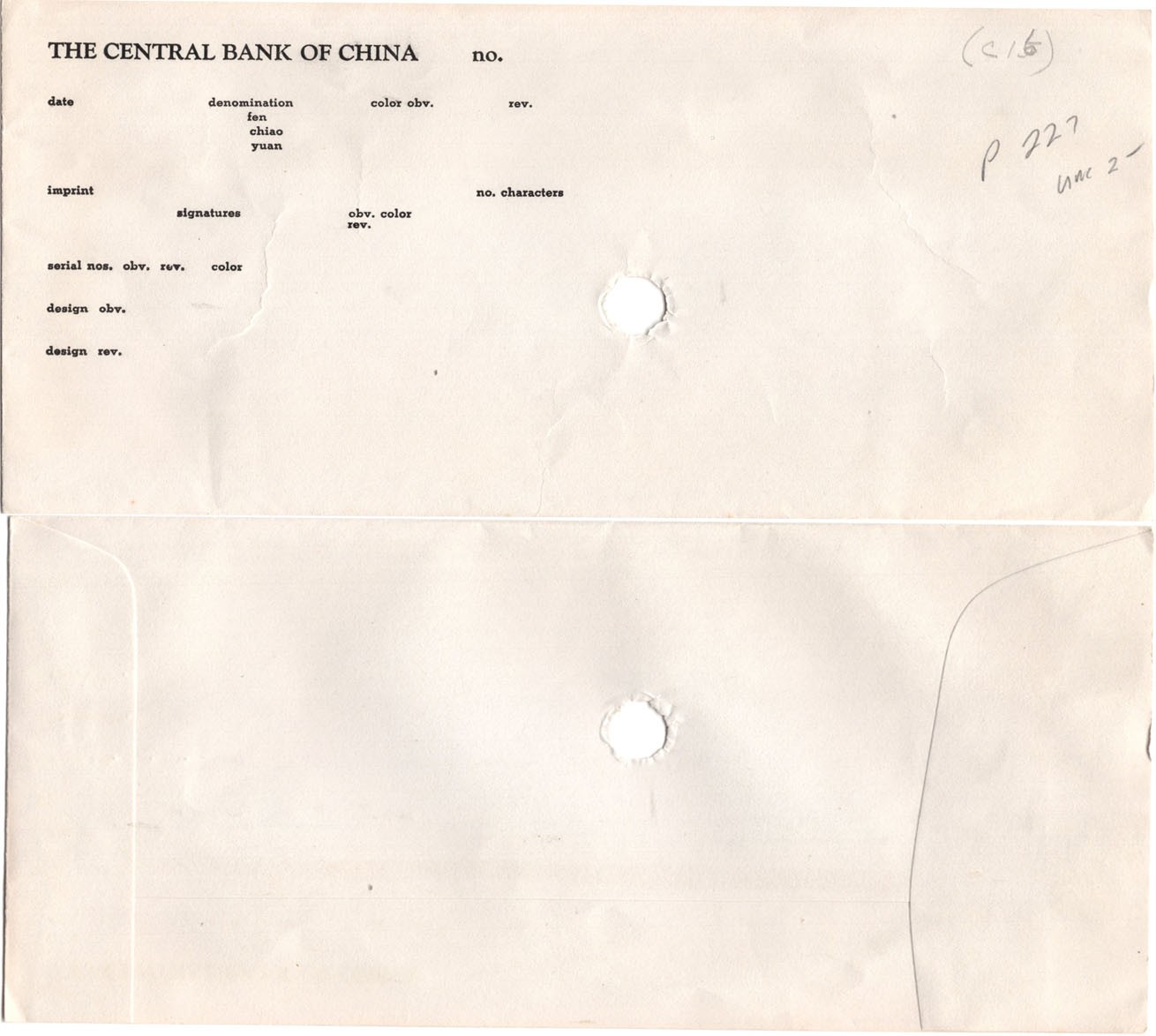2024年1月拍卖 1940年（民国二十九年）中央银行中华书局版贰角（A544861X），Pick# 227，Printer：Chung Hwa Book Co. Ltd.，Uncirculated，H.F. Bowker藏品，含Bowker自制手写描述卡及信封。