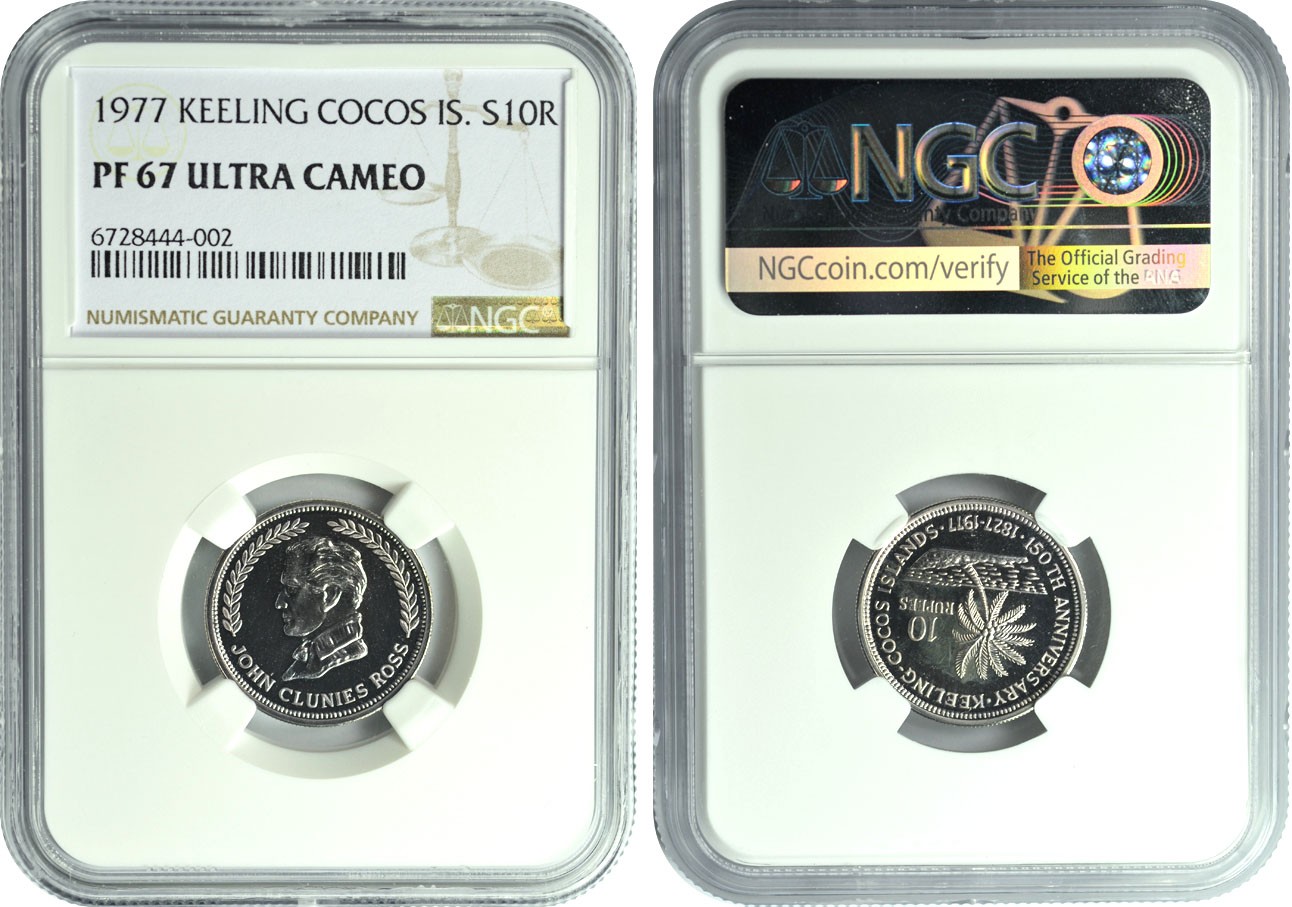 2024年1月拍卖 1977年科科斯群岛10卢比银币，NGC PF 67 ULTRA CAMEO。
