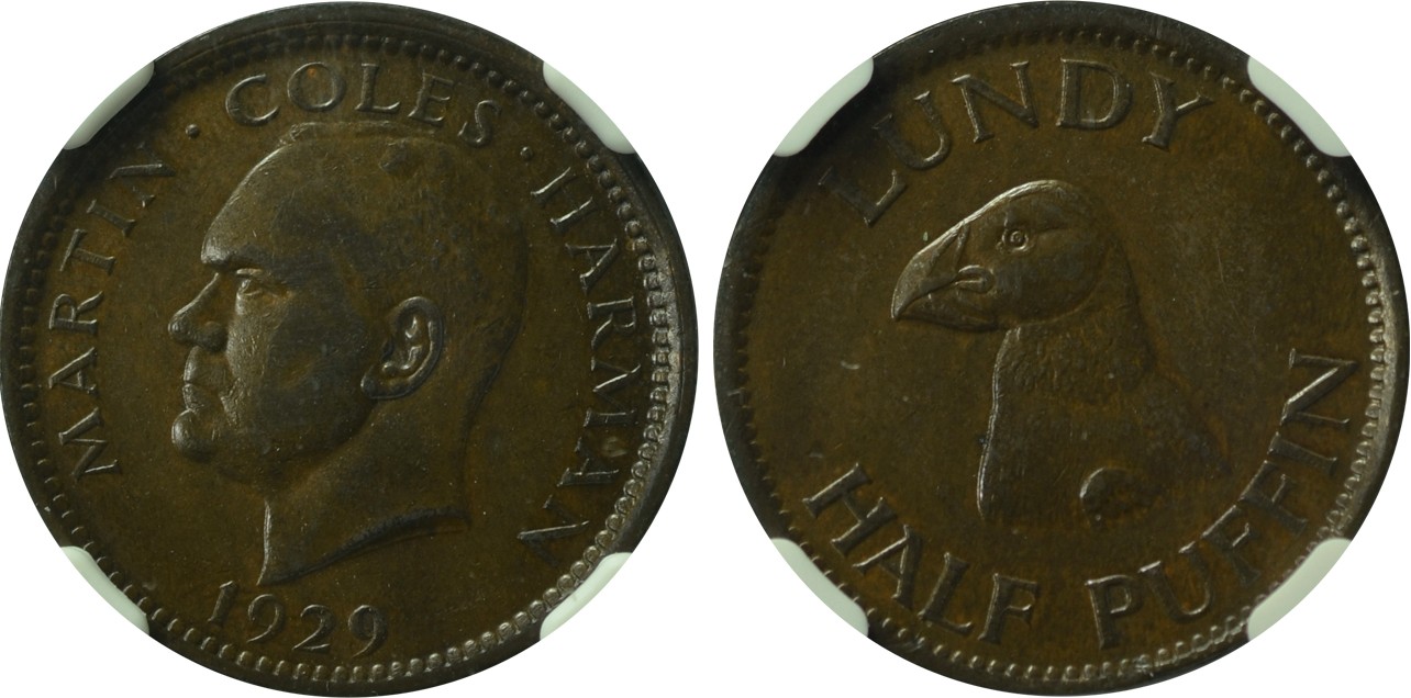 2024年1月拍卖 1929年兰迪岛1/2蒲分铜币，NGC AU 55 BN，H.F. Bowker藏品。
