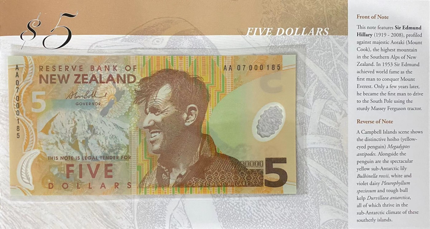 《外钞收藏家》第三百三十一期 全新UNC 新西兰5-100元 2007年 塑料钞 AA冠+全同号+无47+百位号（带册子）