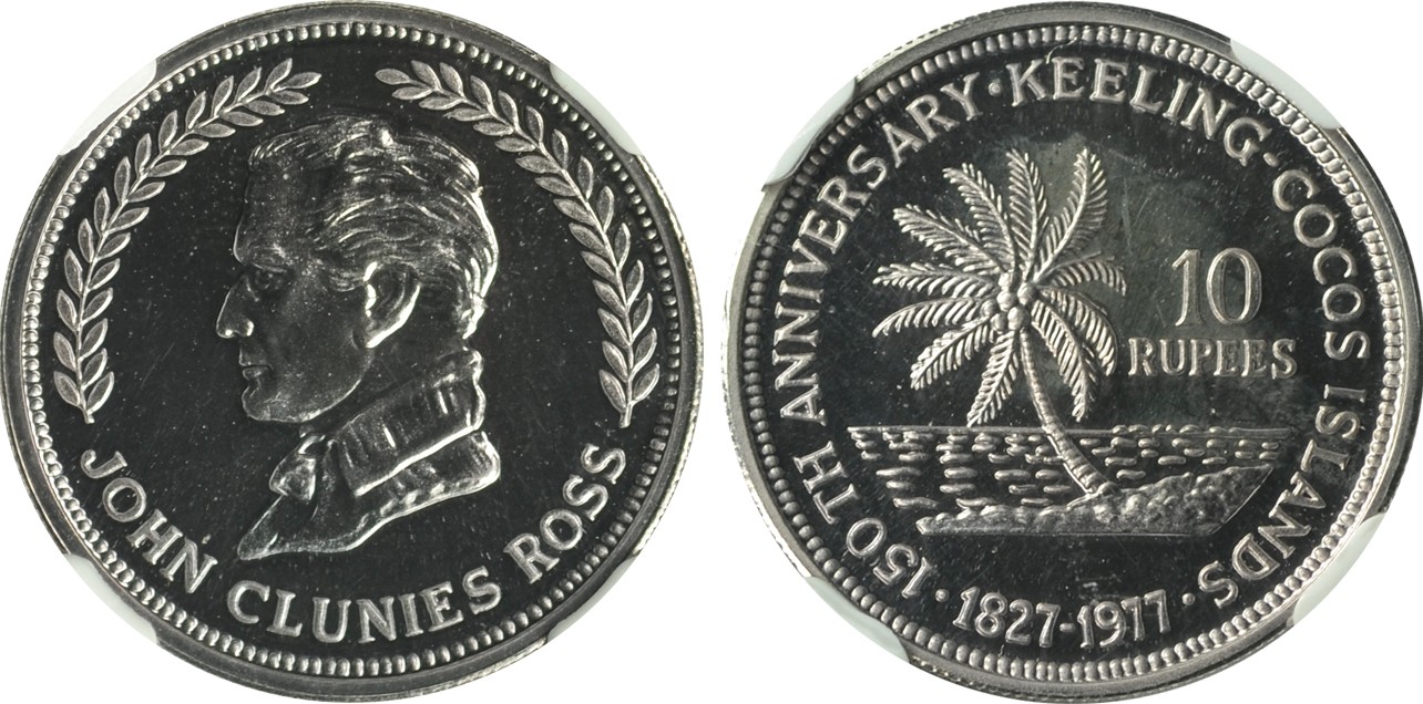2024年1月拍卖 1977年科科斯群岛10卢比银币，NGC PF 67 ULTRA CAMEO。
