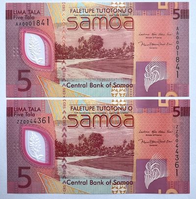 2024第3场（总第155期）：精品纪念钞、塑料钞、评级币专场 - 首发AA+补号ZZ 萨摩亚2023年版5塔拉塑料钞一对UNC