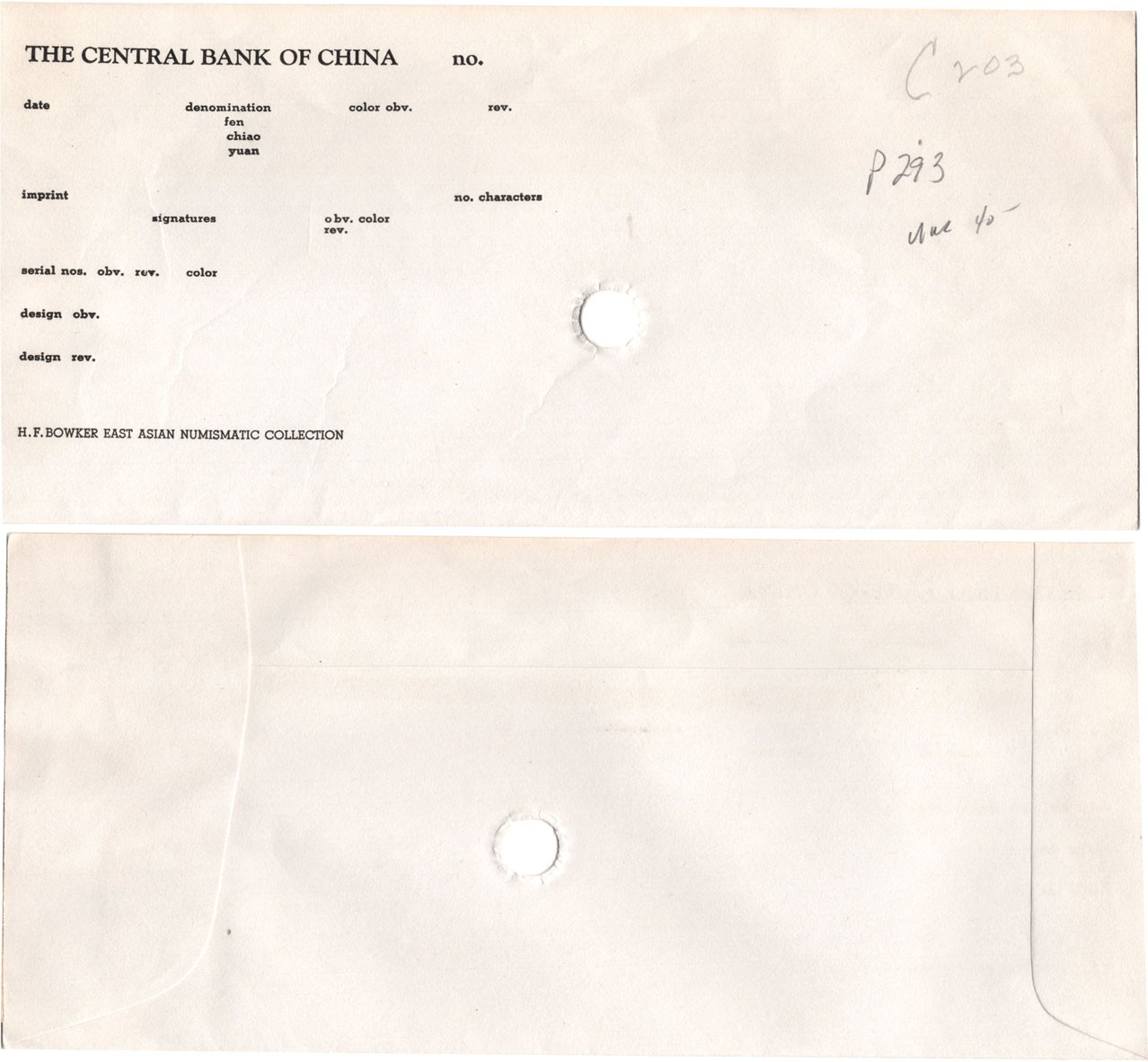 2024年1月拍卖 1945年（民国三十四年）中央银行壹仟圆（AR073919），Pick # 293，H.F. Bowker藏品，含Bowker自制手写描述卡及信封。