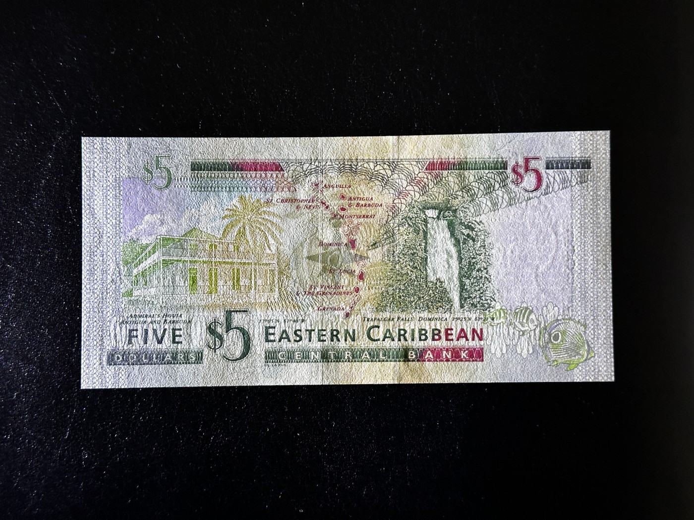 《外钞收藏家》第三百三十二期 加勒比四国专场（伯利兹/巴哈马/巴巴多斯/开曼） 东加勒比2003年银标5元，后缀A（安提瓜） 全新UNC