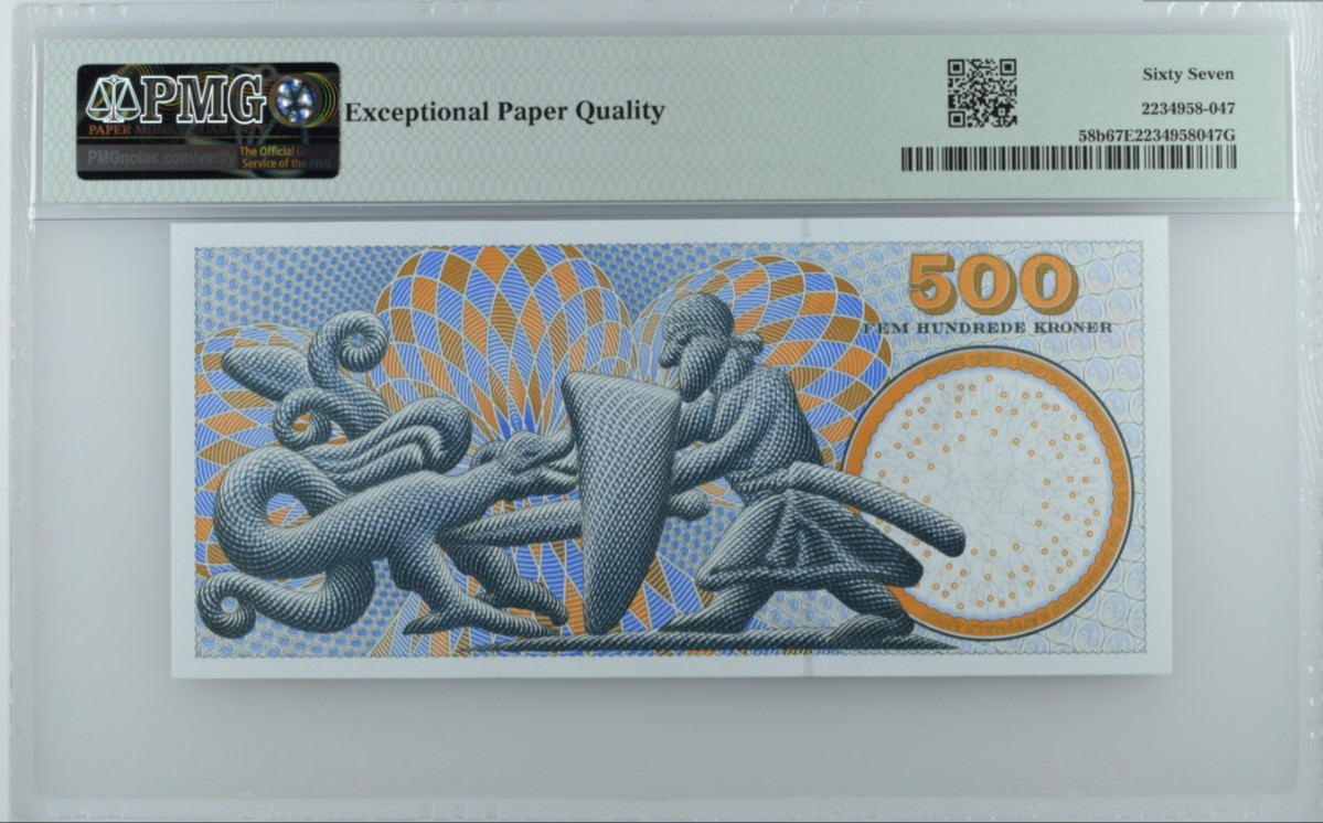 《张总收藏》135期-节前外币超精品场(欧亚名誉品) 丹麦1997年A1冠500克朗PMG67E亚军分无4号码整齐 丹麦物理学家玻尔 冠军68分仅1张 该版本很少 评级记录只有7张 Pick-58b