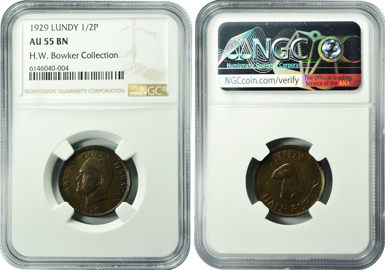 2024年1月拍卖 1929年兰迪岛1/2蒲分铜币，NGC AU 55 BN，H.F. Bowker藏品。