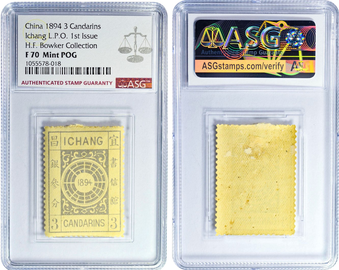 2024年1月拍卖 1894年宜昌书信馆一版3分银，ASG F 70 Mint POG，H.F. Bowker藏品。