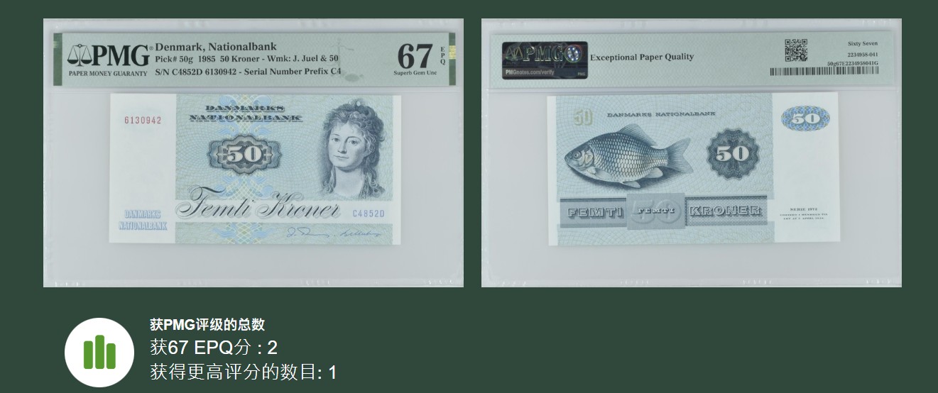 《张总收藏》135期-节前外币超精品场(欧亚名誉品) 丹麦1985年少见年份50克朗PMG67E亚军分 冠军68分仅1张 经典鲫鱼 雕刻精美 品质一流 Pick#50g