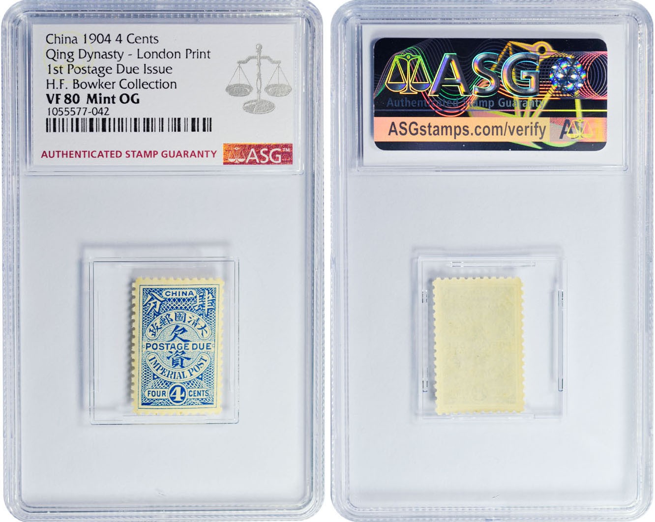 2024年1月拍卖 1904年伦敦一版欠资4分，ASG VF 80 Mint OG，H.F. Bowker藏品。