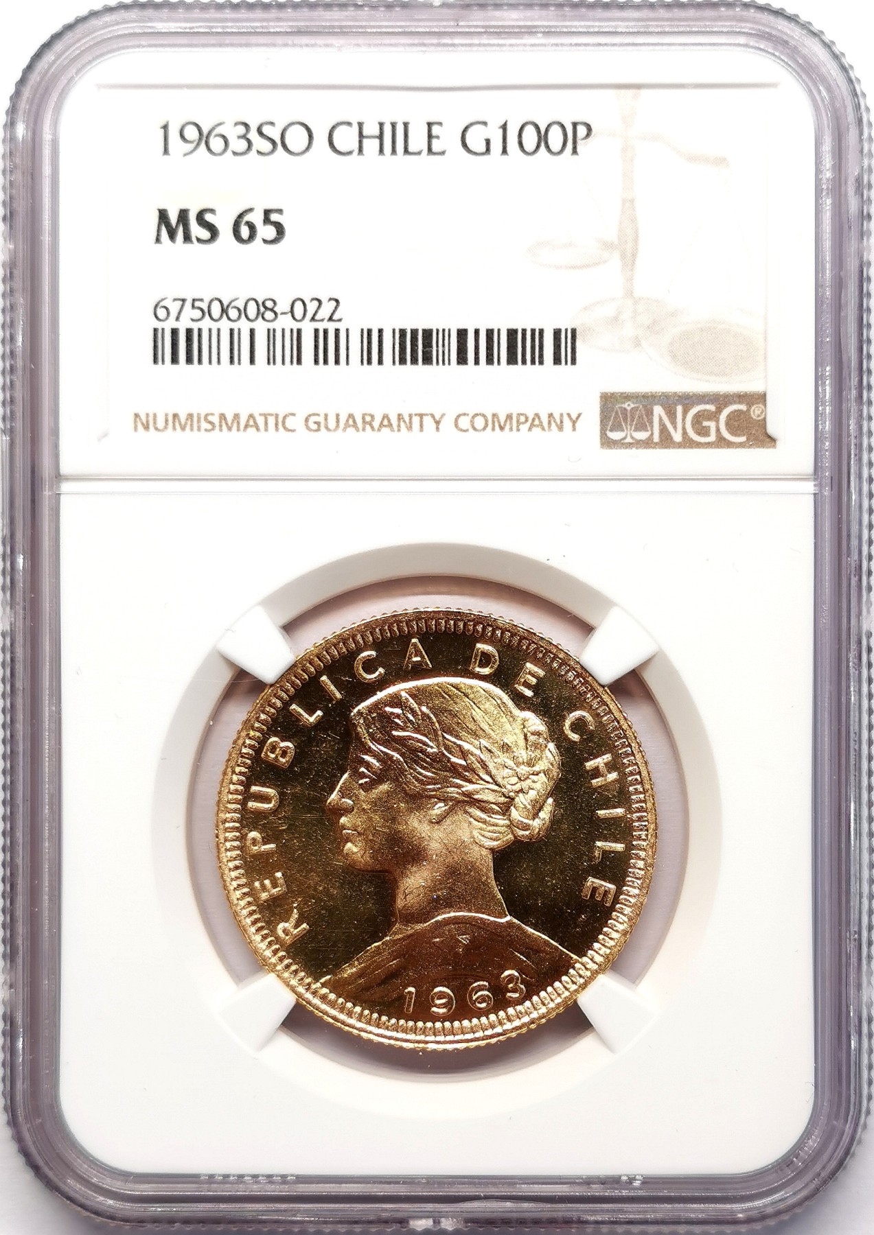 凡希社世界钱币微拍第二百五十九期 1963SO智利民族少女100比索金币NGC-MS65 20.34g，900金