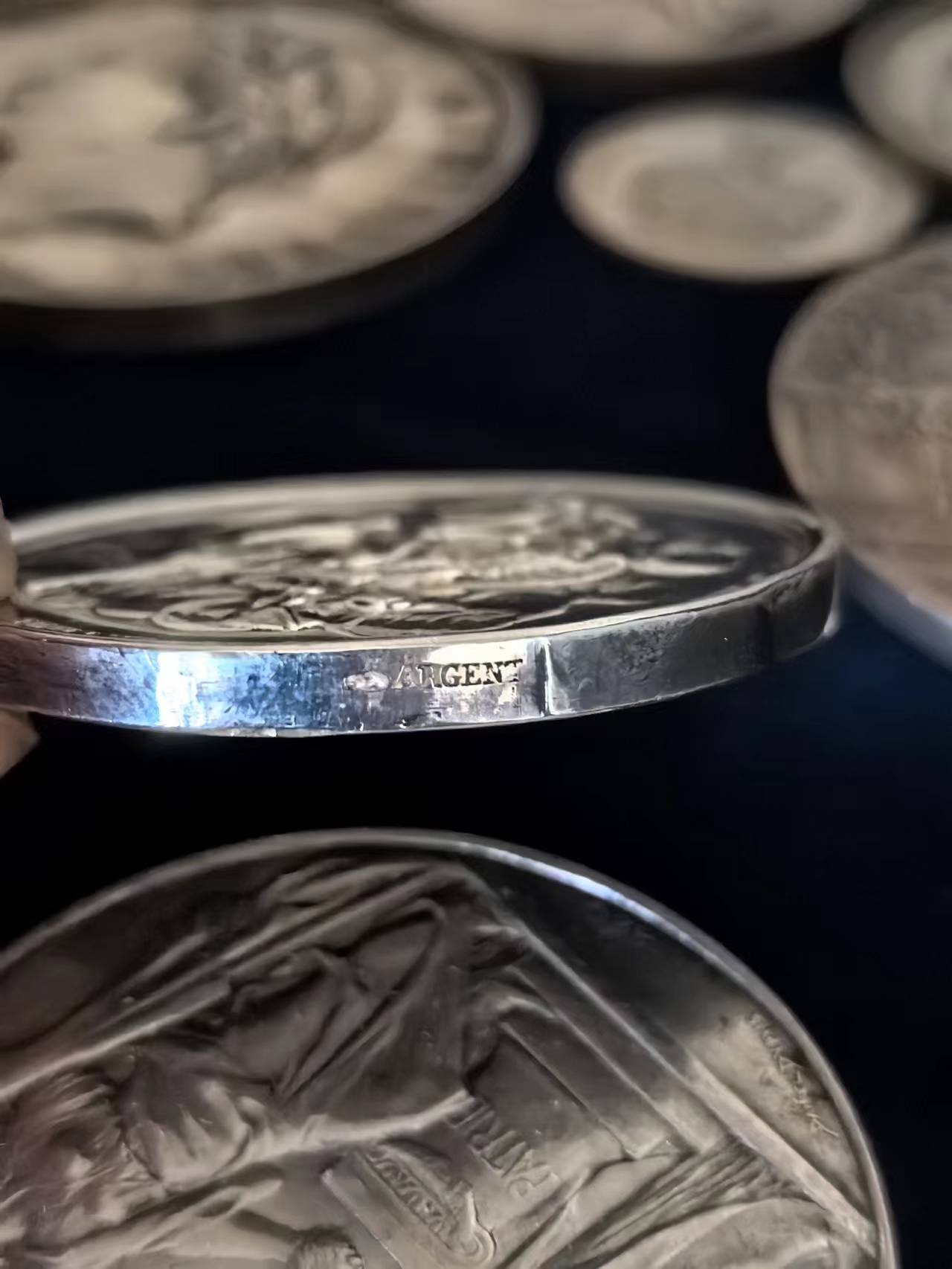 1832年拿破仑银章，父子相会，直径51mm。赖希施塔特公爵拿破仑·弗朗茨·波拿巴在维也纳施恩布伦宫逝世，正面是他父亲拿破仑一世的死亡面具，背面拿破仑一世和鹰坐在云端，伸出手迎接他的儿子。 此章银版甚少，丰饶角argent边铭，表面有清洁痕迹。虽然不是原铸，也有120年以上的历史了。此章为Bramsen《拿破仑大帝的章牌目录》第三册封面章。