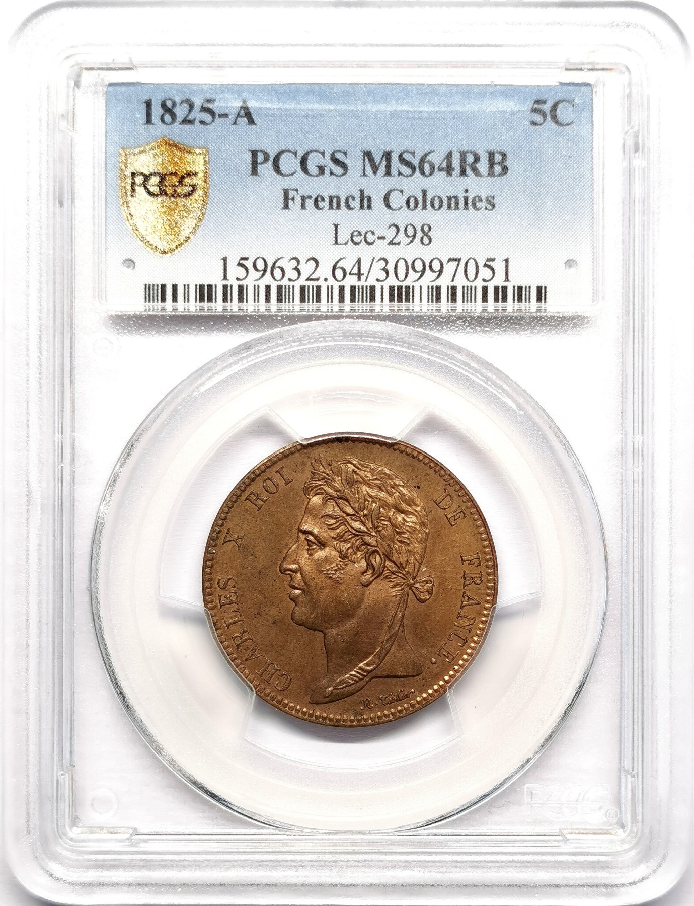凡希社世界钱币微拍第二百五十九期 1825A法属殖民地查理十世5分铜币PCGS-MS64 铜色优美！