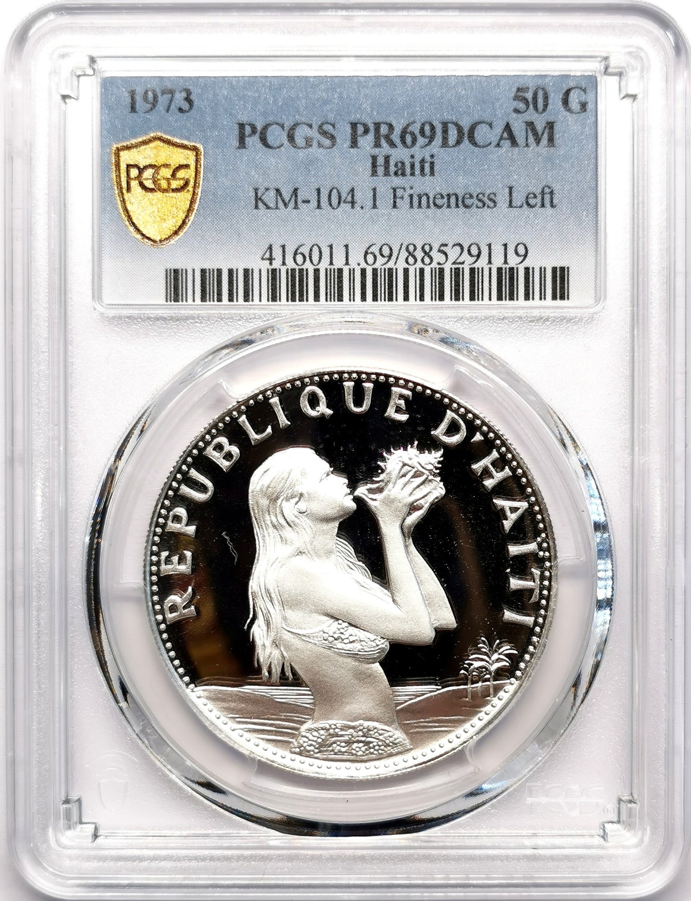 凡希社世界钱币微拍第二百五十九期 1973海地海螺少女50G大银精铸PCGS-PR69DCAM顶级品相，广受欢迎的品种。