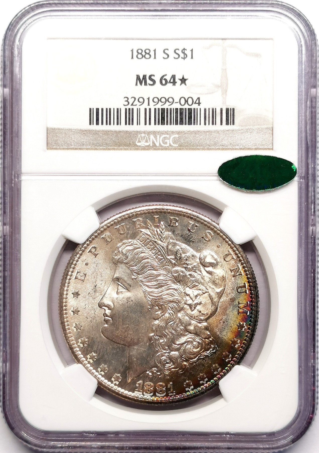 凡希社世界钱币微拍第二百五十九期 1881S美国摩根壹元NGC-MS64* 边缘一抹迷人的虹彩！