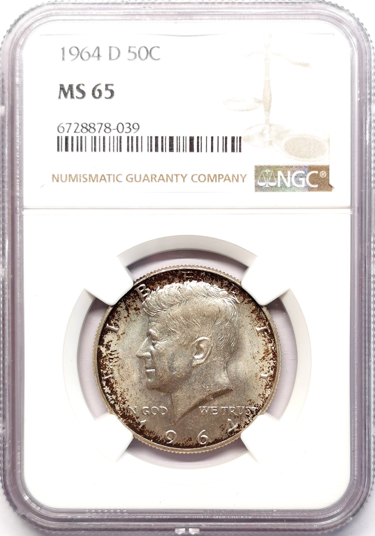 凡希社世界钱币微拍第二百五十九期 1964D美国肯尼迪半元银币NGC-MS65