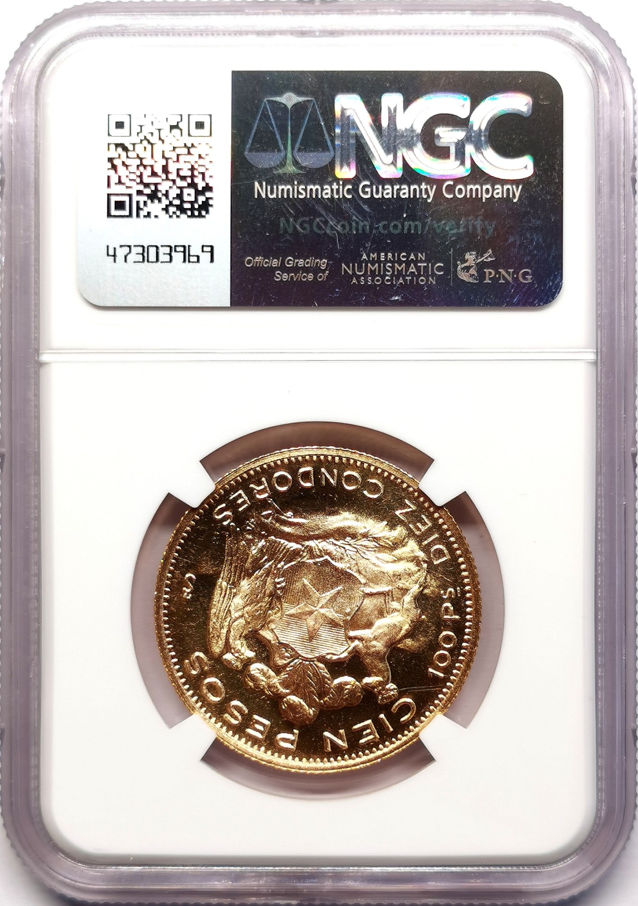 凡希社世界钱币微拍第二百五十九期 1963SO智利民族少女100比索金币NGC-MS65 20.34g，900金