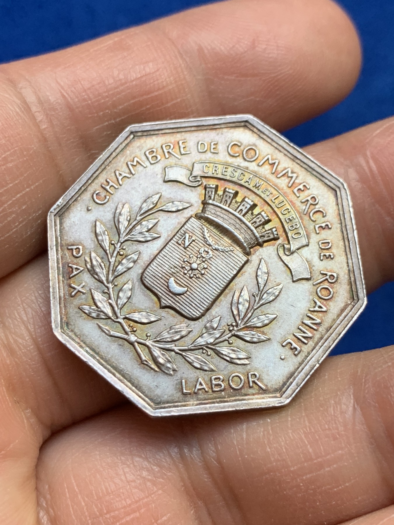 《竞宝斋》第237场- 周日，周一，周二，周日 疯狂4连拍 (全场包邮) 法国八角银质代币，罗纳商会，奔跑的墨丘利，16.45g，32mm，丰饶角边铭