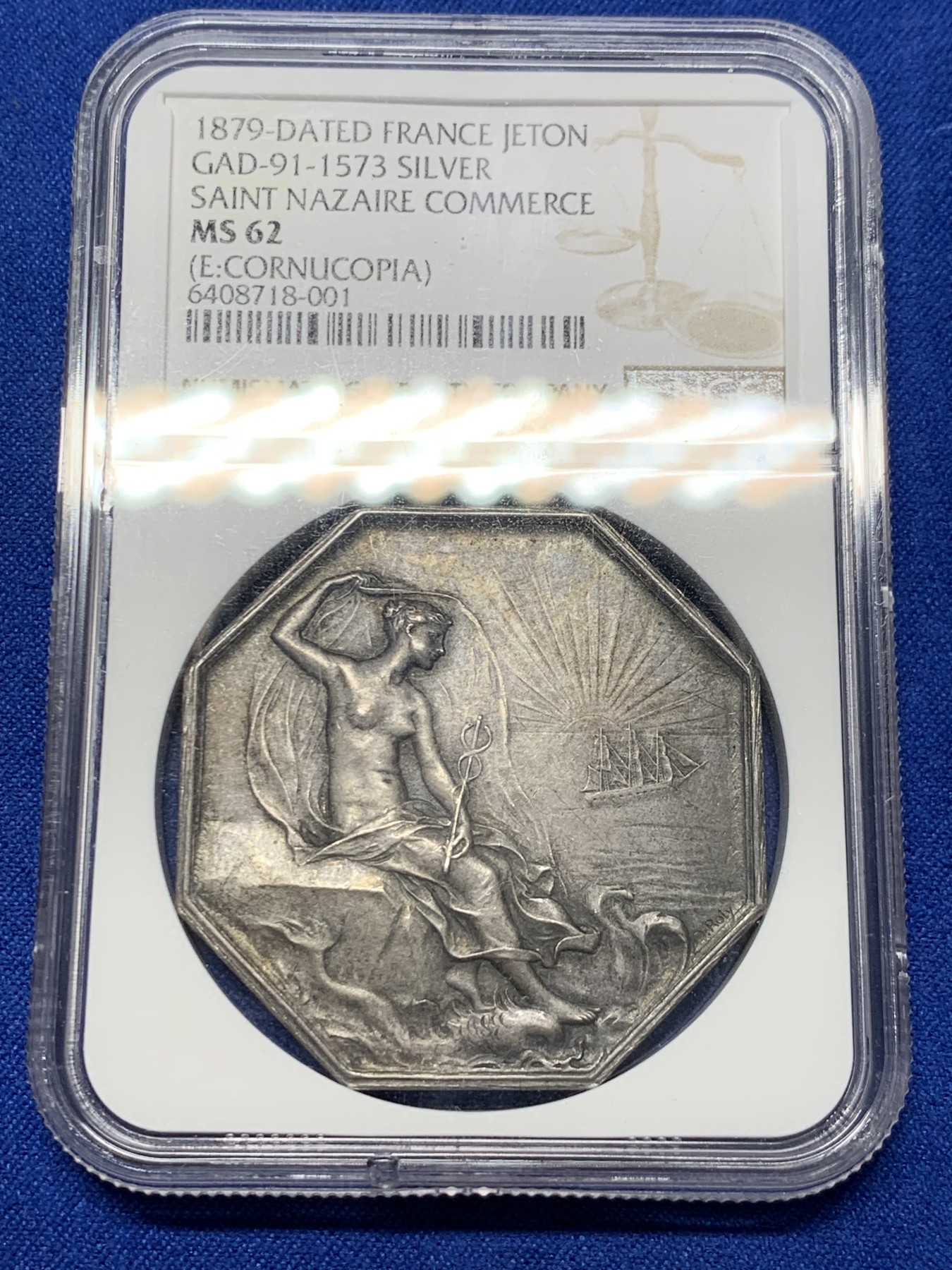 《竞宝斋》第237场- 周日，周一，周二，周日 疯狂4连拍 (全场包邮) NGC-MS62 法国大师O.ROTY 1879年圣纳泽尔商会八角银章，42mm，近40克大规格，水手和渔民的保护神海仙女涅瑞斯手持权杖，脚下是其坐骑海豚，庇护着海港城市圣纳泽尔的船只一帆风顺