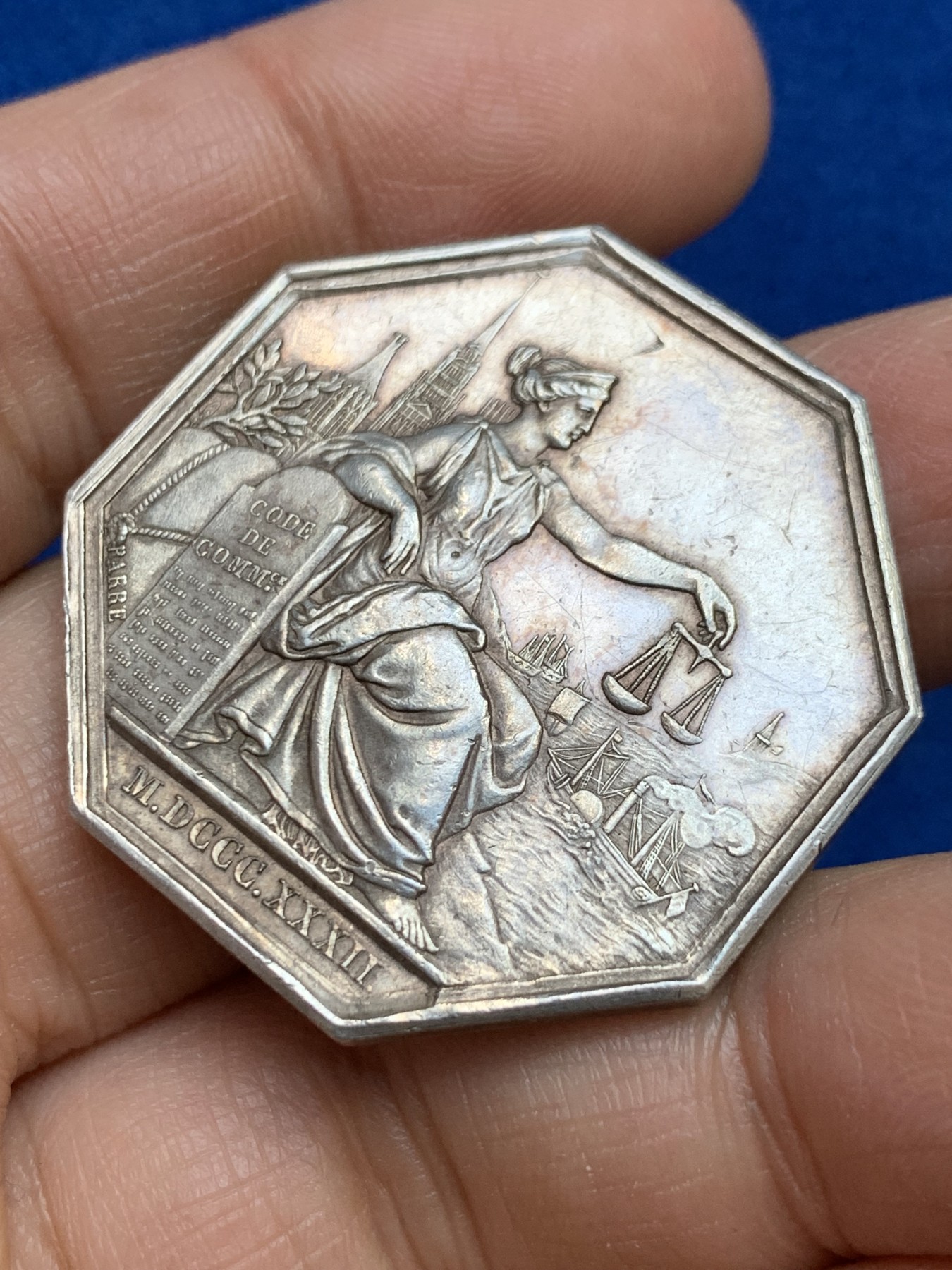 《竞宝斋》第237场- 周日，周一，周二，周日 疯狂4连拍 (全场包邮) 法国鲁昂商事法庭八角银质代币，20.18，36.2mm，油灯边铭