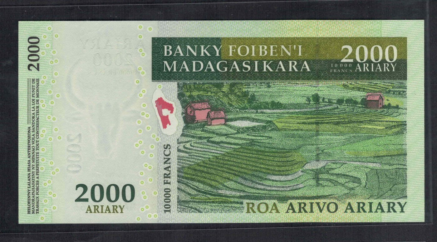 马达加斯加2007年(2008年)2000阿里阿鲁 纪念钞 倒置号 无47 66双尾 数三 非洲纸币 实物图 UNC