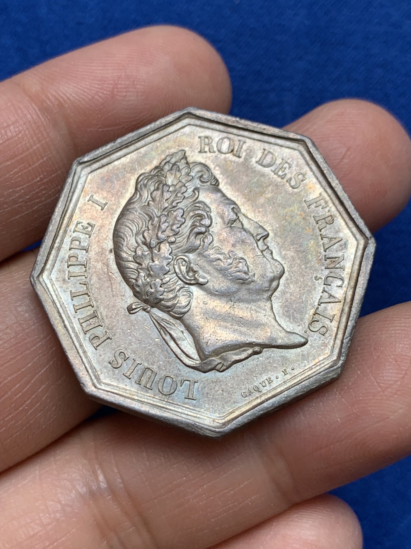 《竞宝斋》第237场- 周日，周一，周二，周日 疯狂4连拍 (全场包邮) 法国 1832-1841 八角银质代币，凤凰火灾保险公司，涅槃重生 菲利普一世头像，神灯边铭 22.82克，36毫米