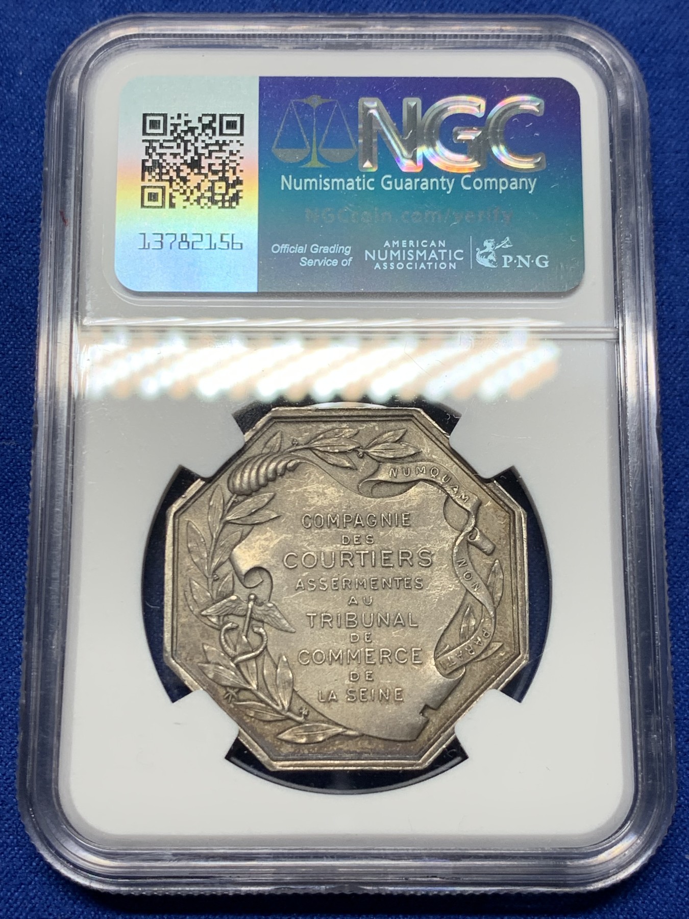 《竞宝斋》第237场- 周日，周一，周二，周日 疯狂4连拍 (全场包邮) NGC MS62 法国  巴黎证券交易所经纪代理人 银质八角代币 首拍品种，少见 