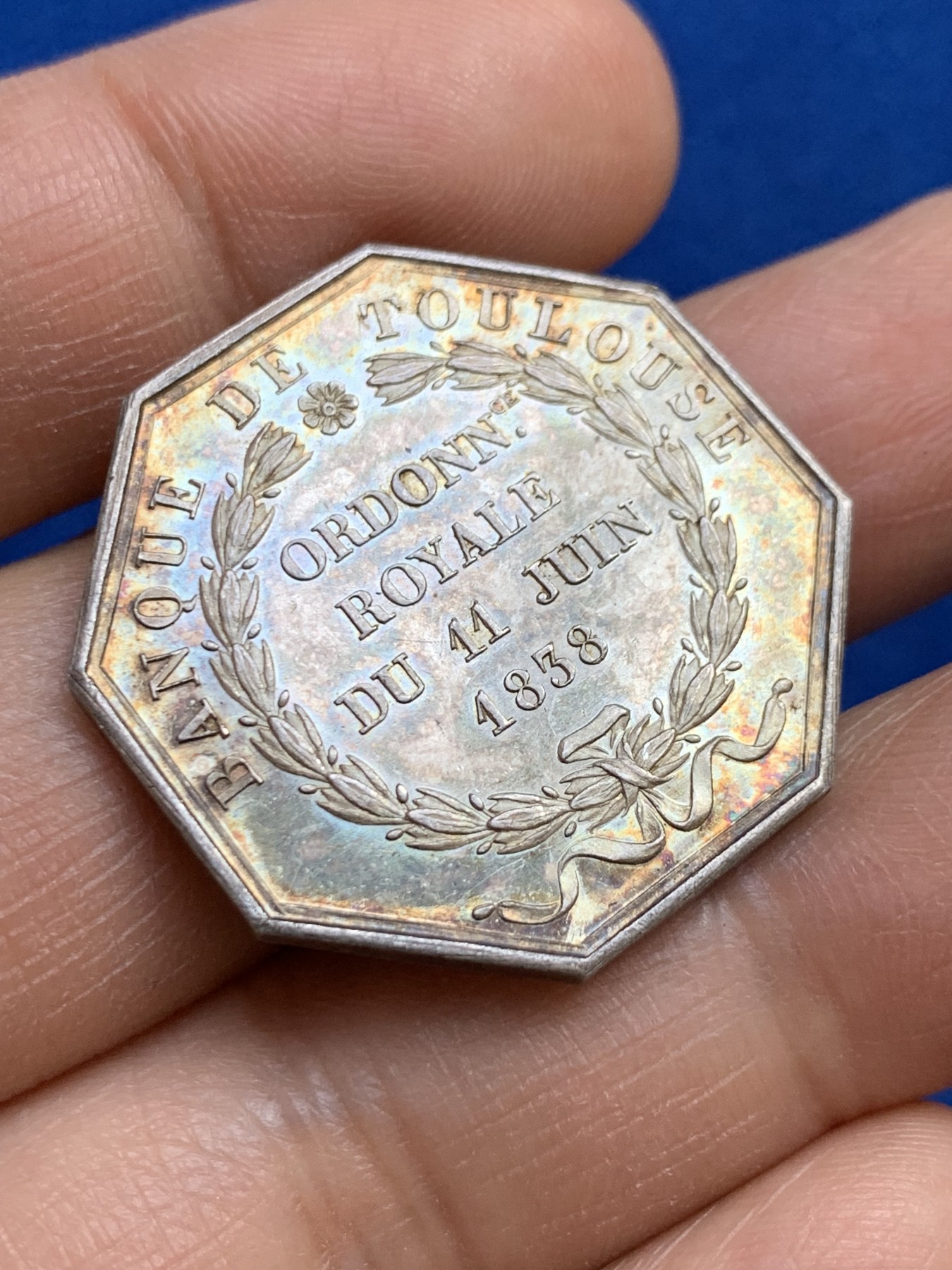 《竞宝斋》第237场- 周日，周一，周二，周日 疯狂4连拍 (全场包邮) 法国JETON银质八角，图卢兹银行，12.00g，30.5mm，1832-1841油灯边铭