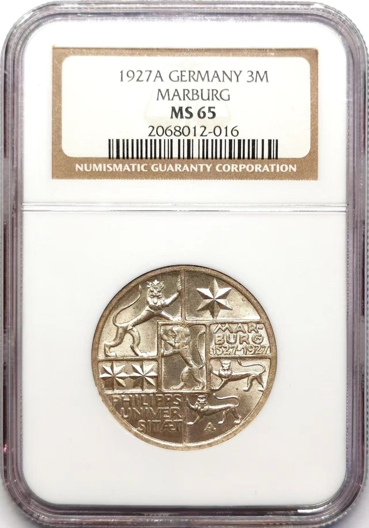 凡希社世界钱币微拍第二百五十九期 1927魏玛德国马尔堡大学纪念3马克银币NGC-MS65