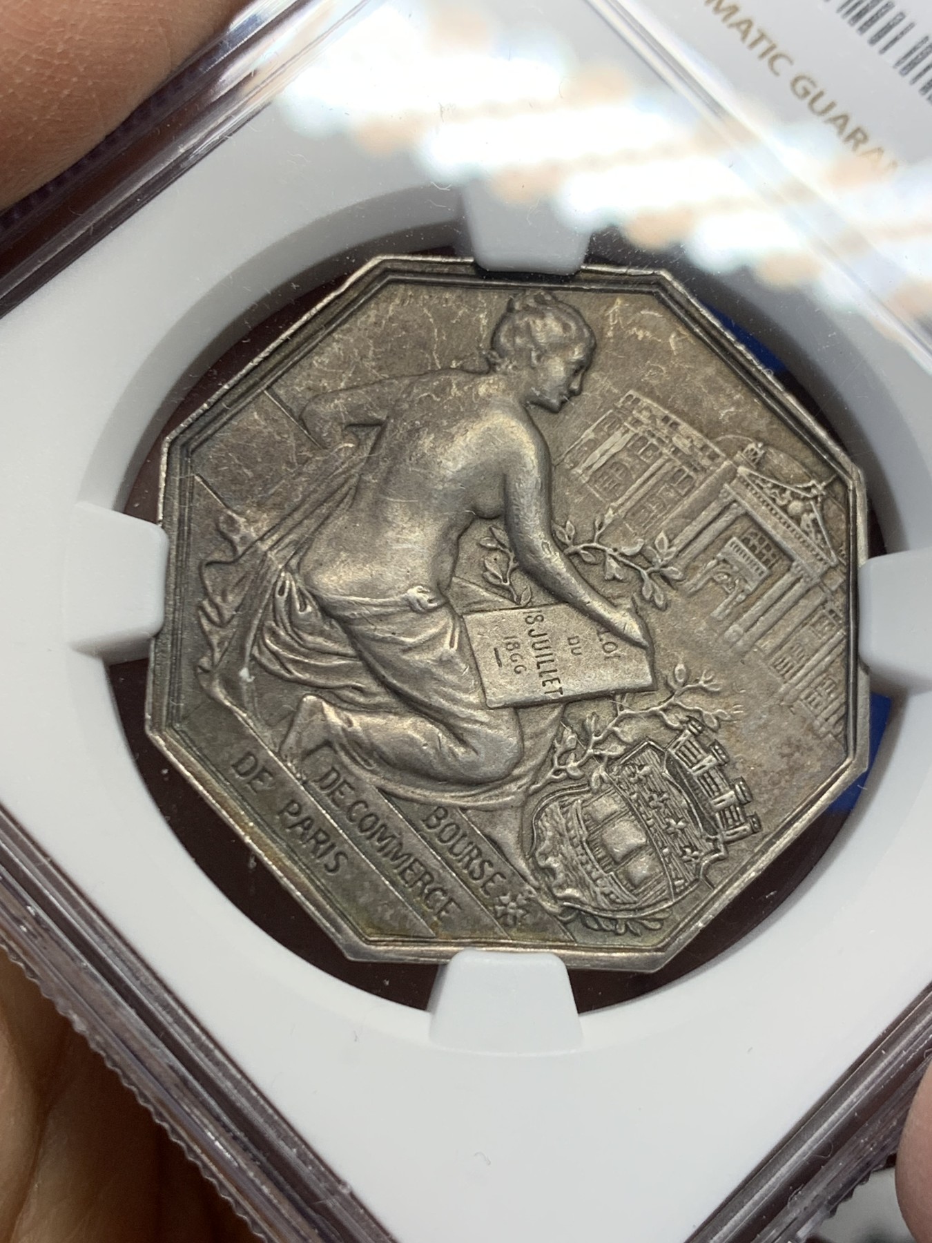 《竞宝斋》第237场- 周日，周一，周二，周日 疯狂4连拍 (全场包邮) NGC MS62 法国  巴黎证券交易所经纪代理人 银质八角代币 首拍品种，少见 