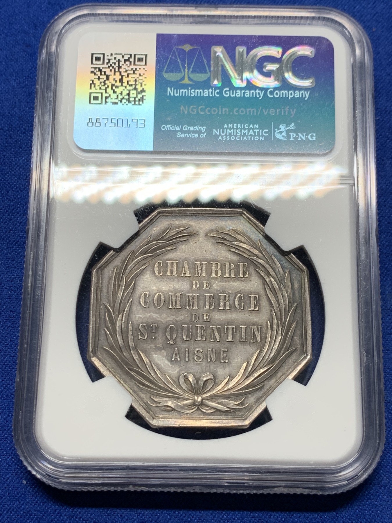 《竞宝斋》第237场- 周日，周一，周二，周日 疯狂4连拍 (全场包邮) NGC MS61 法国1845-1860 圣康坦商会 银质八角代币 少见品种 包浆高点俱在 手指铭  