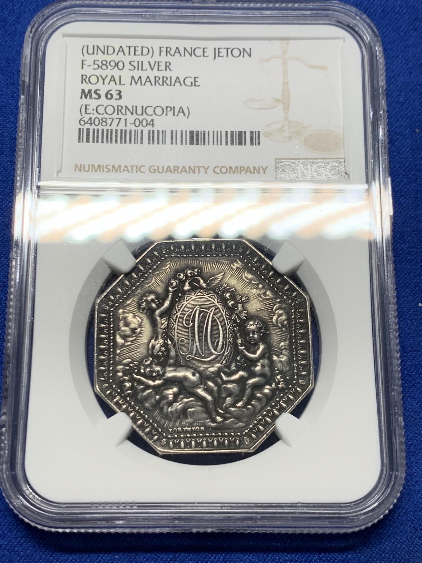 《竞宝斋》第237场- 周日，周一，周二，周日 疯狂4连拍 (全场包邮) NGC MS63 法国八角银章，皇家婚姻，小名誉品三个小天使，状态非常好，黑色包浆难得 