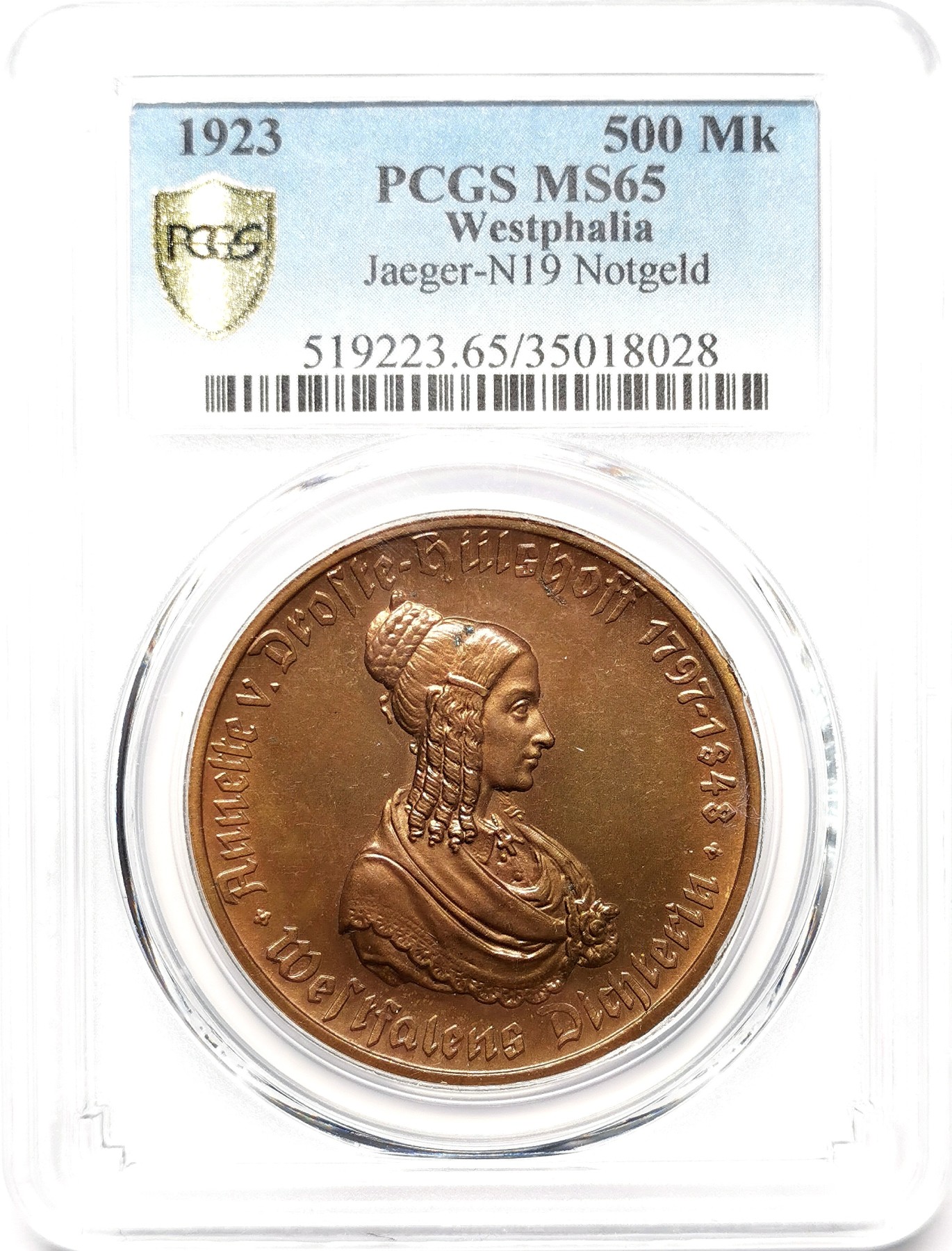 凡希社世界钱币微拍第二百五十九期 1923威斯特伐利亚马币民族少女像500马克PCGS-MS65