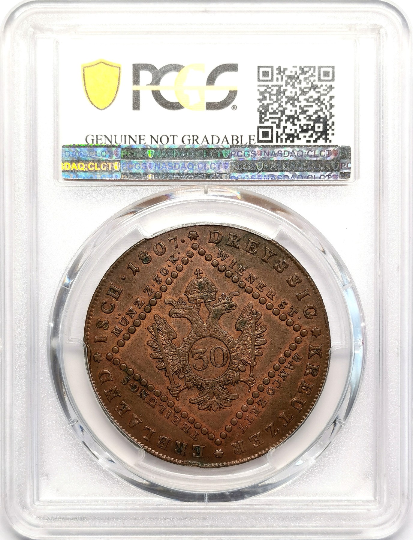 凡希社世界钱币微拍第二百五十九期 1807A神罗弗朗茨一世30K大铜PCGS-UNCD，边缘一小磕碰，否则完美。