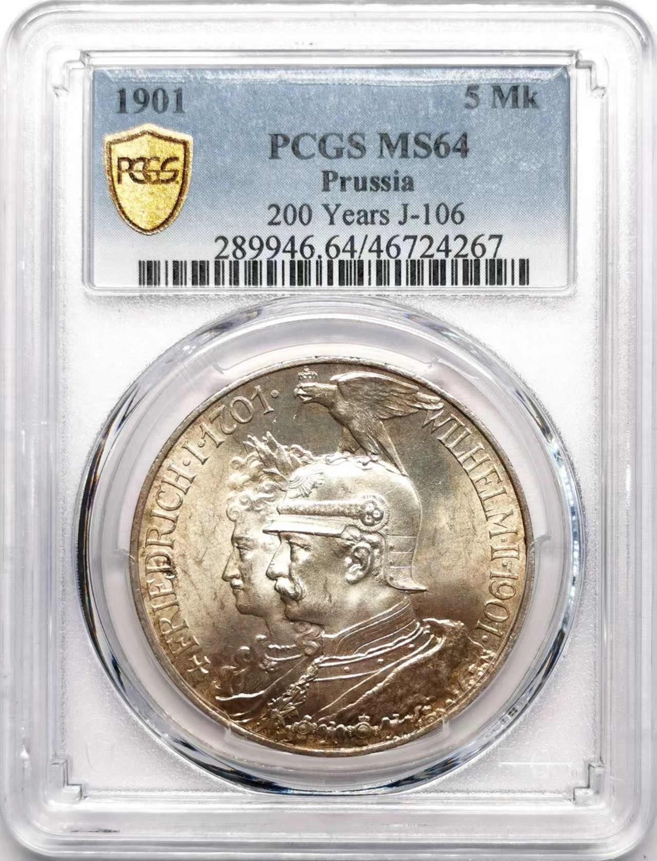 凡希社世界钱币微拍第二百五十九期 1901普鲁士200周年纪念5马克大银PCGS-MS64 漂亮的淡金包浆！