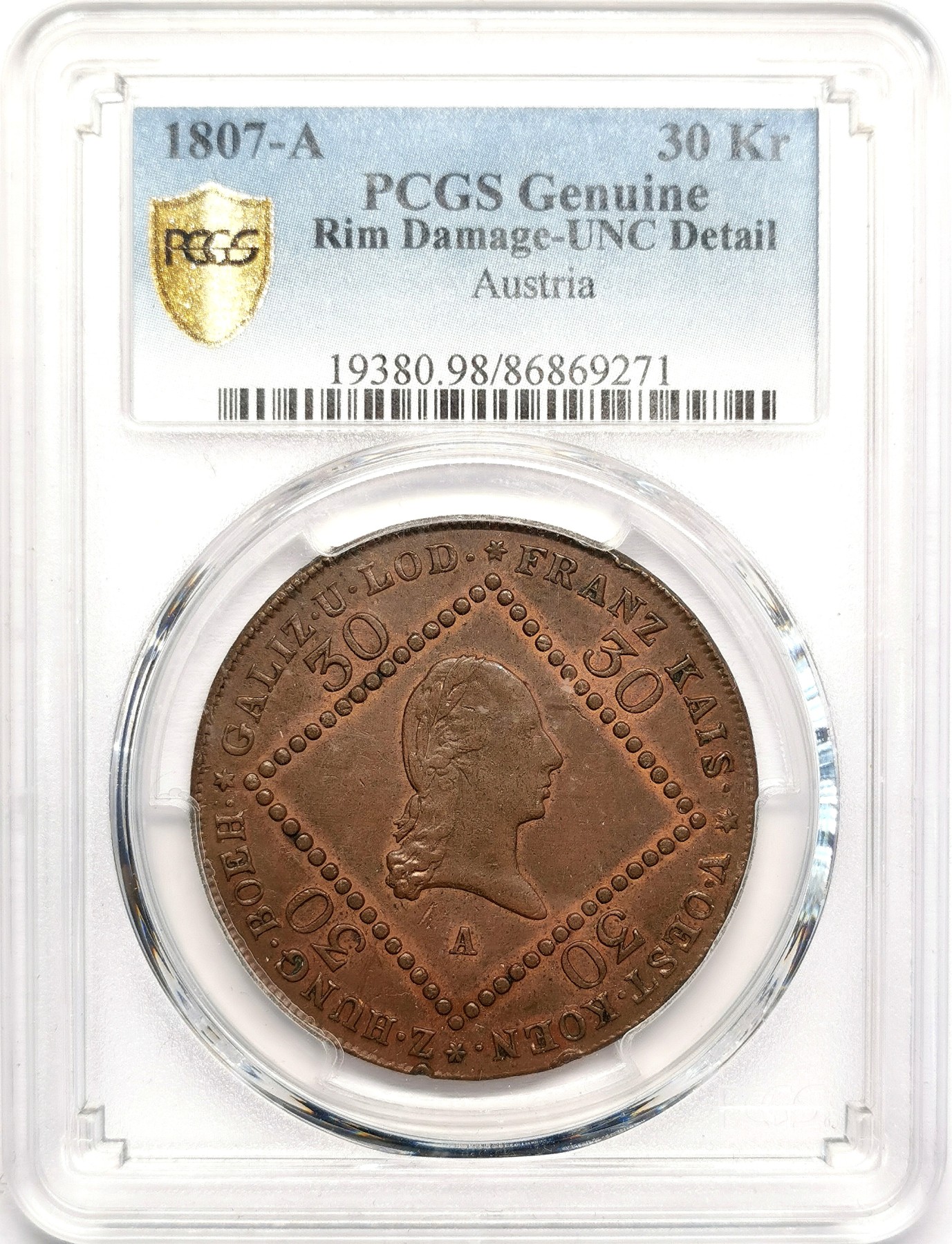 凡希社世界钱币微拍第二百五十九期 1807A神罗弗朗茨一世30K大铜PCGS-UNCD，边缘一小磕碰，否则完美。