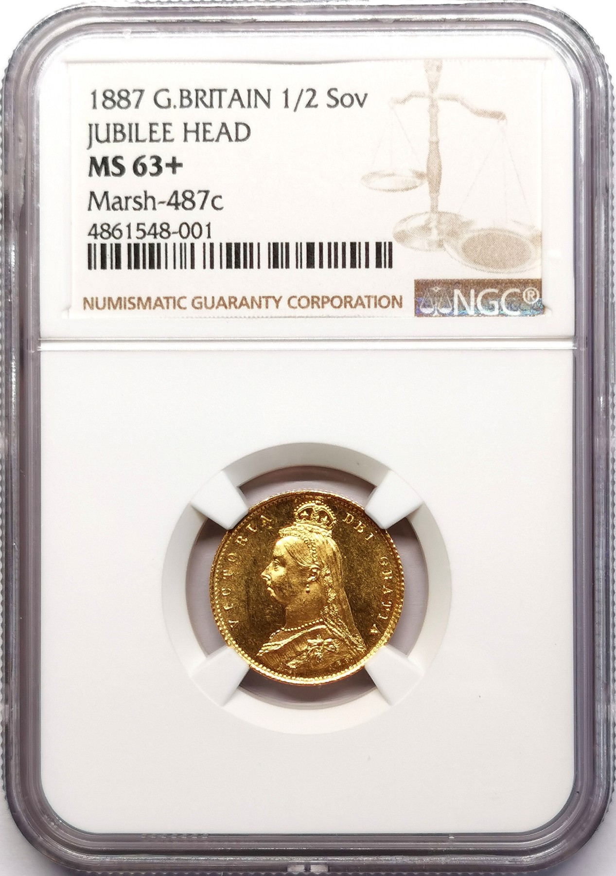 凡希社世界钱币微拍第二百五十九期 1887英国老维高冠1/2索维林金币NGC-MS63+ 实物有明显的初铸类镜面效果，3.994g，917金