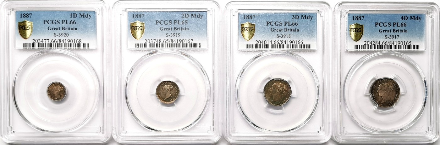凡希社世界钱币微拍第二百五十九期 荐！1887英国小维濯足币四枚全套PCGS-PL66 精彩绝伦的五彩高分！4便士为P封面币！