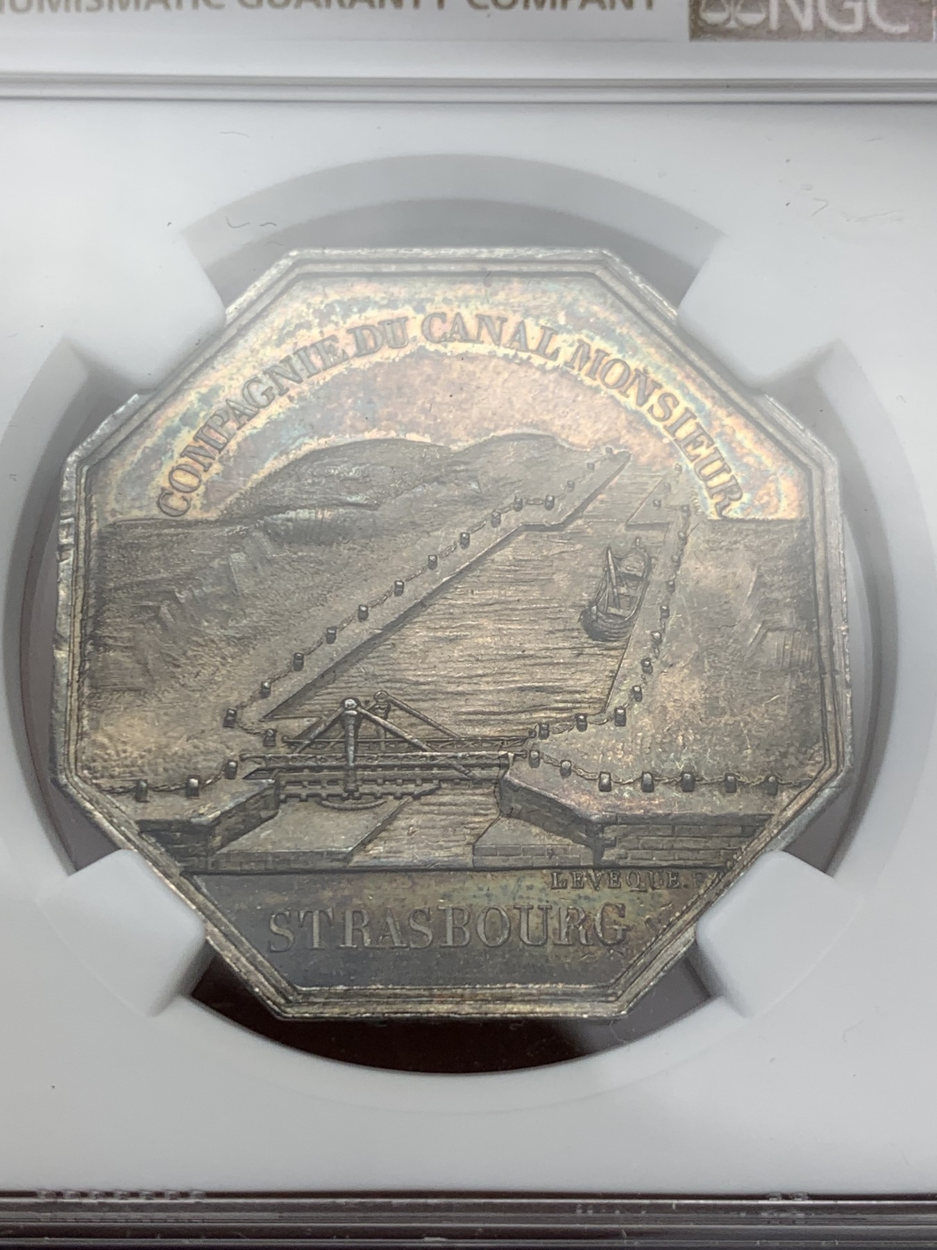 《竞宝斋》第237场- 周日，周一，周二，周日 疯狂4连拍 (全场包邮) NGC MS63 法国 1821 斯特拉斯堡运河公司 银质八角代币 细节极其丰富 少见品种 